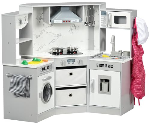 AIYAPLAY Cuisine Enfant en Bois, Jouet d'imitation Coin pour Enfant, avec Effet sonore, 17 Accessoires, légumes en Plastique Boutons et lumières, Toque, Tablier, torchon, 3-6 Ans, Gris Blanc