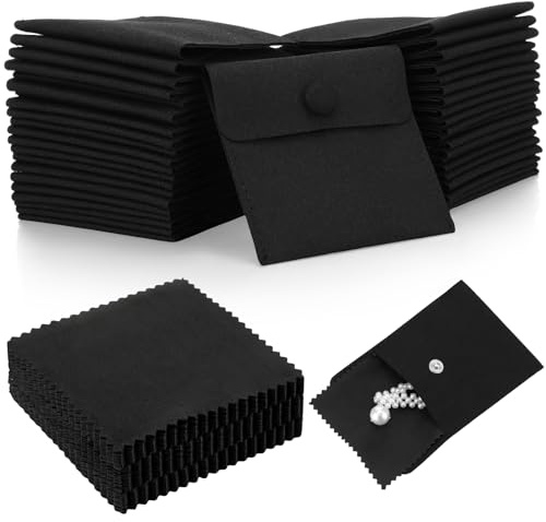 Cunno 120 Pack Microfiber Jewelry Pouch with Cleaning Cloth 3.2x3.2 Jewelry Packaging Bag with Snap Button Bags(Black)