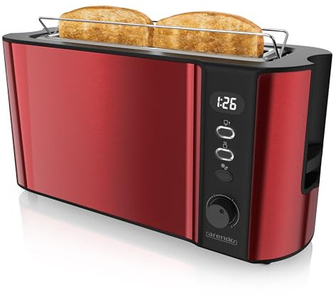 arendo - Tostadora 2 rebanadas con ranura larga - 1000 W - 6 Niveles - Pantalla indicadora - Descongelación y calentamiento - Soporte panecillos - Bandeja de migas - Doble pared - Acero inoxidable