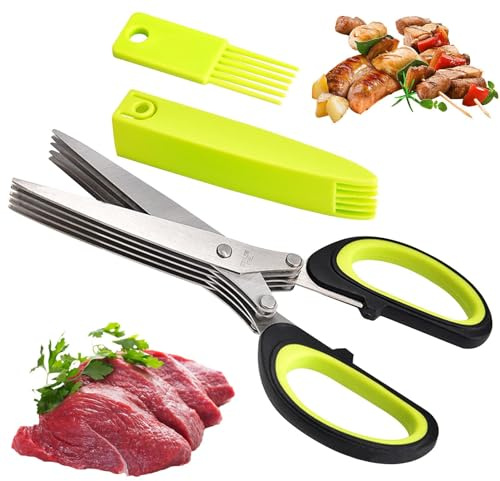 EUBEISAQI Tijeras Multicapa de Acero Inoxidable - Tijeras de Cocina de Acero Inoxidable de 5 Hojas Cortador de cebolletas,Tijeras para Cortar Vegetales Cubierta de Seguridad Herramientas prácticas