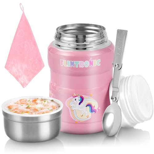 flintronic Food Flask, 500ml Vacuum Insulated Food Jar with Folding Spoon, Double Walled Hot Food Flask, Leakproof Stainless Steel BPA Free Food Container for Breakfast, Lunch, Work, Kids