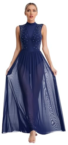 TiaoBug Femme Tutu Robe Danse Classique Asymétrique Justaucorps Danse Lyrique Paillette Costume Latine Jazz Rumba Salsa Valse Tango Robe Cocktail Bal S-XXL Bleu Marine H S