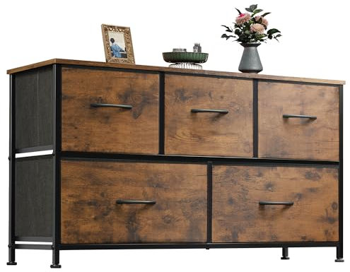 WLIVE Kommode mit 5 Schubladen aus Stoff, Kommodenschrank für Schlafzimmer, Kommode Wohnzimmer, mit Stabiler Stahlrahmen, Vintagebraun-Schwarz