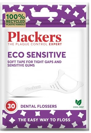 Plackers Eco Sensitive Flossers, Dental flossers, Soft Tape for Sensitive Gums, the Easy Way to Floss, Recycled Plastic Handle