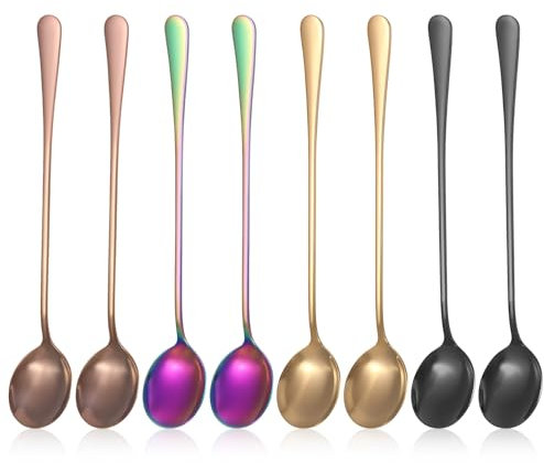 8 Stück Latte Macchiato Löffel Set, 19,2 cm lange Kaffeelöffel Griff, TeelöFfel Aus Edelstahl zum UmrüHren Von Cocktails, EislöFfel für Milchshakes, KaltgeträNke, Kaffeebar-ZubehöR (Runder Stil)