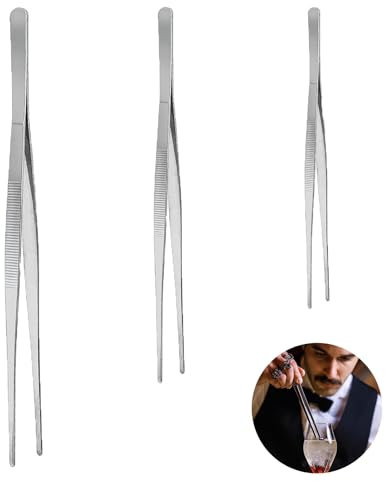 3PCS Cooking Tweezers Tongs, 20CM 25CM 30CM Straight Tweezers Kitchen Tools with Precision Serrated Tips Multi-Purpose Fine Chef Tweezers Stainless Steel Food Tweezers Set for Cooking Baking Barbecue