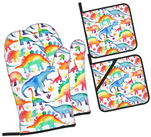Vantar och krukhållarset katoon dinosaurie köksvantar hållbara grytlappar återanvändbara bakhandskar för jul bakning BBQ