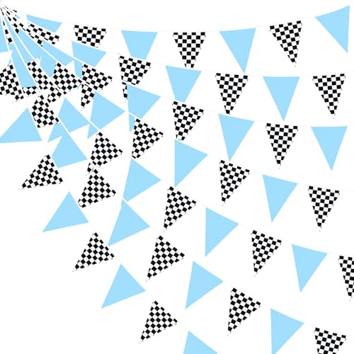 32Ft Blue Black White Checkered Race Car Fabric Bunting Banner Racing Car Party Decorations Triangle Flag Pennant Garland Streamers for Kids Boy Birthday Baby Shower Race Theme Party Outdoor Decor