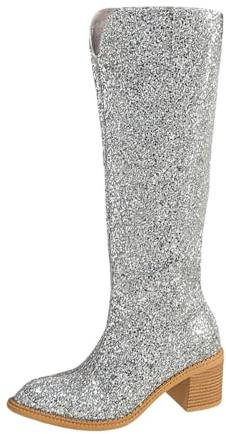 Generisch 2026 Botas altas por la rodilla con purpurina para vestidos de fiesta con tacón grueso, cómodas botas de baile casuales para mujer, elegantes y brillantes, plata, 41 EU