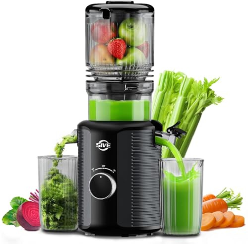 Cold Press Juicer Machine, 5-Inch Wide Chute Masticating Juicer, 1.2L Slow Juicer for Whole Fruits & Vegetables, Easy to Clean Electric Juice Extractor, Juice Maker with Recipe Guide, Black & Gray