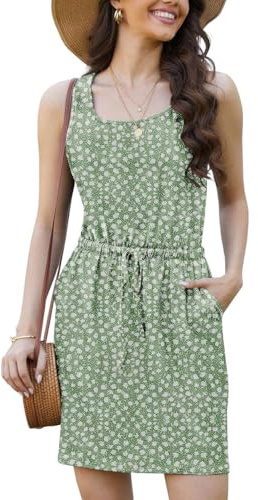 Joligiao Vestito Estivo da Donna Senza Maniche Vestito da Spiaggia con Scollo a U e Coulisse Vestito Arioso da Donna Estivo con Tasche T-Shirt Casual Abito a Tinta Unita Abiti Corto(Verde,XS)