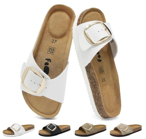 chetoria Sandalias Mules Mujer Piel Auténtica Semelle Corcho Hebilla Dorada | Planta Anatómica Comodidad Absoluta Playa Vacaciones Uso Diario Sandalias Verano