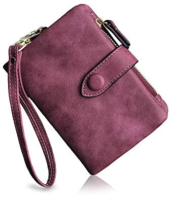 PofeeXIO Kleine Geldbörse aus Leder für Damen, RFID, mit Kartenfächern, Ausweisfenster, Reißverschluss, Münzbörse, violett, Small