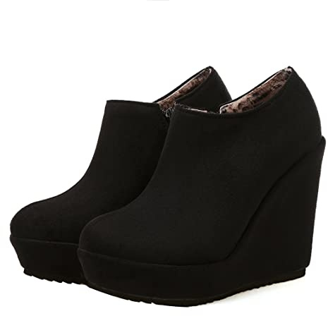 UniqueStride Women High Heel Wedge Short Ankle Boots Fashion Platform Zip up Faux Suede Ankle Booties(Black Suede, US size 6)