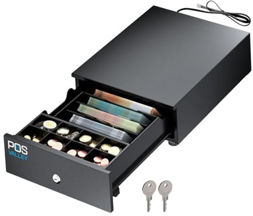 POS VALLEY MINI-Kassenschublade, kleine Geldschublade mit POS-Öffnung, RJ-Drucker und Registrierkasse, Geldkassette mit 4 Banknotenfächern und 8 Münzfächern, 24x32, Schwarz