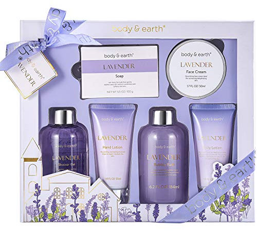 BODY & EARTH Lavendel Geschenke für Frauen 6 tlg, Geburtstagsgeschenk für frauen,Duschgel, Körperbutter, Handcreme, Badeset Geschenk wellness set, Freundin Muttertagsgeschenk