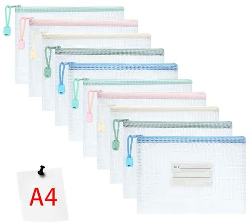 Vicloon Dokumententasche A4, 10pcs Reißverschlusstaschen mit Etikett, Wasserdichte Mesh-Taschen Kunststoff Reißverschlusstasche Zipper Tasche für Schule, Büro, Reisen(Weiß)