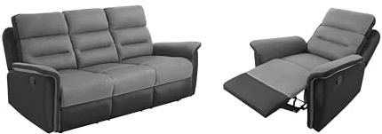 LOUNGITUDE - Leon - Canapé de Relaxation, Ensemble 3 +L1 Places - Manuel - en Simili/Microfibre - Gris/Noir