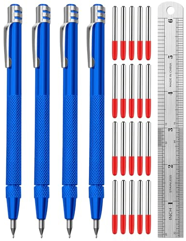 Tungsten Carbide Scriber, Knurled Aluminum Handle, 4-Pack with Bonus Marking Tips and Steel Ruler, Ideal for Detailed Crafting and Carving, Blue