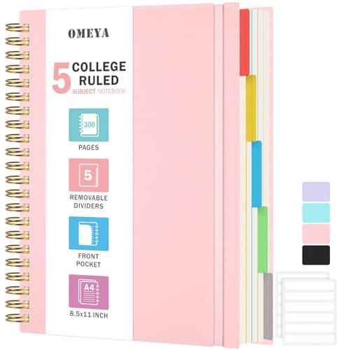 Notizblock, Notizbuch A4 Liniert, Notizbücher Mit 5 Fächern Und Herausnehmbaren Trennblättern, 300 Blatt 100GSM Spiral Notizbuch Softcover Zum Schreiben, Für Arbeit Und Schulbedarf, 21.5 x 27.9cm,Rosa