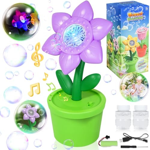 FORMIZON Seifenblasenmaschine, Sonnenblume Automatische Seifenblasenmaschine, mit LED Licht Musik Seifenblasenflüssigkeit 40ml*2, Kinder Spielzeug für Hochzeit Geburtstag Draußen Party Dekor (Violett)