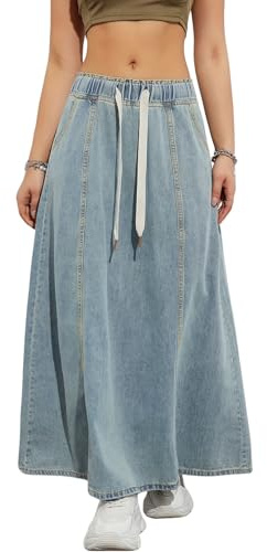 chouyatou Women's Casual Paperbag Elastic High Waist A Line Long Maxi Flare Denim Skirt (X-Large,Light Blue)