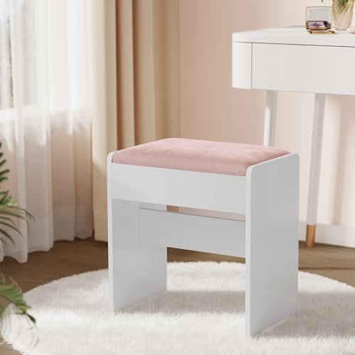 VASAGLE Dressing Table Stool, Upholstered Makeup Stool, Velvet Vanity Stool, Footrest with Anti-Slip Pads, for Dressing Room, Bedroom, Entryway, Matte White and Jelly Pink RDS001W02