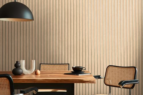 A.S. Création Vliestapete mit Wandpaneelmotiv mit Metallic-Effekt 0,53 x 10,05 m – Beige Braun Gold Metallic – Tapete in Holzoptik Made in Germany – 786651