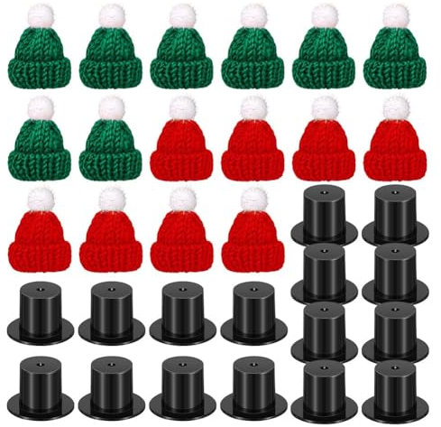 Fcuajdkq 32-Teiliges Puppen-Mini-Set, Darunter 16 Mini-Strickmützen für Den Weihnachtsmann und 16 Miniatur-Zylinderhüte Aus Schwarzem Kunststoff für Weihnachtsmann