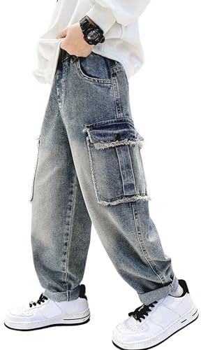 Rolanko Pantalones Vaqueros Rasgados con Cintura Elástica para Niños, Pantalones de Mezclilla Retro con Diseño de Pierna Cónica con Bolsillos para Niños, Bordes en Bruto, Tamaño : 160