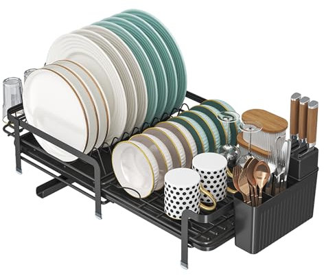 JOUING Scolapiatti da Cucina con Vassoio, Organizzatore Stoviglie in Metallo Nero, Portaposate Integrato (Nero)