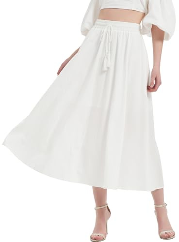 Kefiyis Summer Skirts for Women UK Ladies Skirts Elasticated Waist Long Skirt with Pockets Midi Skirt with Drawstring White S