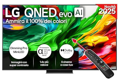 LG QNED evo AI QNED86 TV 65 pollici, Smart TV 4K, Processore α8 Gen2, Dimming Pro con MiniLED, webOS e telecomando puntatore con AI, Dolby Vision, Gaming con VRR e FreeSync 4K@144Hz, 65QNED86A6A 2025