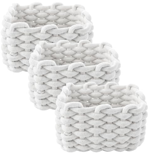 WOPPLXY Lot de 3 Panier Rangement Salle de Bain, 19 x 12 x 15 cm Petit Panier Rangement Carré, Paniers de Décoration en Coton Tressé pour Chambre,Salon, Salle de Bain, Maquillage (Blanc)