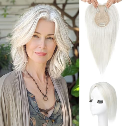Flufymooz 100% Real Human Hair Toppers for Women, 10 Inch Clip in Human Hair Topper for Thinning Hair, 360°3D Cover Clip in Bangs Natural Hairpiece With 4.5'' x 3'' Silk Base-Silver White
