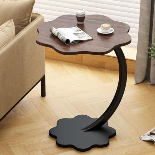BSTMOME Side Table, End Table C-shaped Support, Sofa Arm End Side Table for Eating Laptop Couch Bed Dinner, Flower Shape Coffee Table, Tabletop Diameter 40cm, Height 60cm, (Walnut)