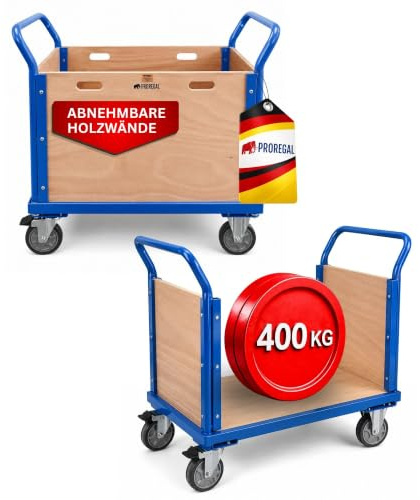PROREGAL Carrello professionale con piattaforma e sponde in legno rimovibili | AxLxP 102x113x60 cm | Portata 400 kg | 2 ruote girevoli con freni di bloccaggio e 2 ruote fisse | Blu