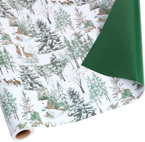 BIOBROWN Woodland Deer Reversible Christmas Wrapping Paper Roll, 43cm x 10m | Eco-friendly reversible wrap with woodland deer winter print and solid dark green reverse for Christmas holiday gifts