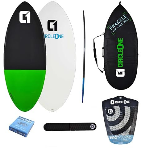 Circle One Skimboard-Set aus Epoxidharz und Fiberglas, inkl. Tasche, Wachs, Tailpad und Bogenstange, grün