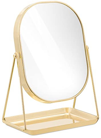 Navaris Free Standing Makeup Mirror - Large Cosmetic Vanity Mirror for Bathroom, Dressing Room, Bedroom Table, Desk with Large Tray Stand - Rose Gold