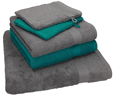 Betz 5 TLG. Handtuch Set Single Pack 100% Baumwolle 1 Duschtuch 2 Handtücher 2 Waschhandschuhe anthrazit grau - smaragdgrün