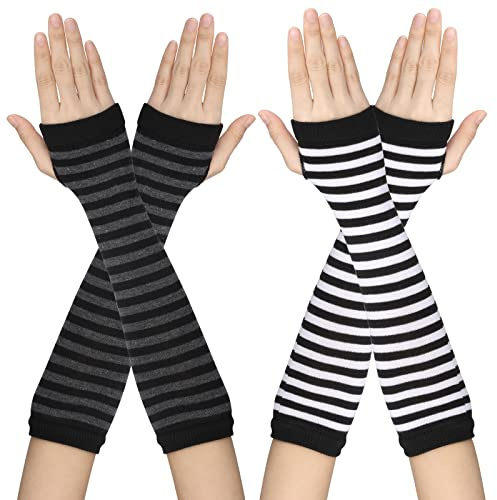 Yolev 2 Paia Guanti Senza Dita da Donna Maniche Lunghe in Maglia a Righe Caldi Guanti Elasticizzati con Foro per il Pollice per il Freddo