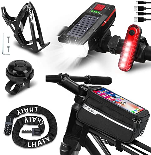 JSHNE 6 Pack Bike Accessories Including Bicycle Light Front and Rear, Bike Frame Bag, Bike Chain Lock, Bike Water Bottle Cage, Bike Bell for Adult Kids Road Mountain Bikes