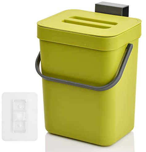 Kleiner Komposteimer für die Küche Biomülleimer aus Kunststoff 3L, Lebensmittelabfalleimer Hängender Kleiner Mülleimer für Arbeitsplatte mit Henkel & Deckel, 6.2 * 5.1 * 8cm (Grün)