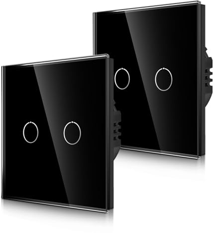 2-pack CNBINGO 1-vägs beröringsljusbrytare – svart väggbrytare med glaspanel och status-LED-bakgrundsbelysning – ingen neutral kabel krävs – 500 W/Fach – 2 gäng