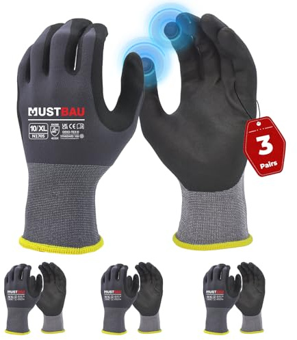 Mustbau Arbeitshandschuhe Schwarz mit Touchscreen, Arbeitshandschuhe Herren mit Nitril Beschichtung für Montagearbeit，Mechaniker, Gartenarbeit und Bauarbeiten, Gr. XL, 3 Paare