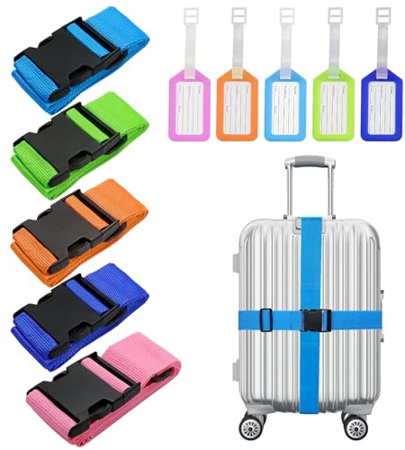 Luggage Straps with Luggage labels Set, 5 Pack Adjustable Suitcase straps Travel Packing Belt with Buckle for Suitcase Baggage Closure Baggage Security Straps