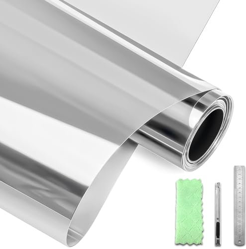 DARUITE Vinilo Adhesivo Cristal Vinilo Espejo para Ventanas Privacidad Control del Calor Reflectante Efecto Espejo Anti UV Película de Vinilos para Cristales Pegamento（Plateado-Plateado, 44.3x200cm）