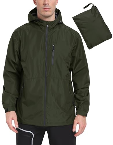 MoFiz Hombre Chaquetas Impermeables Chubasqueros Plegable Ligero Cortavientos Impermeable para Ciclismo Running Acampada Marcha Viajes Senderismo Verde militar Talla EU L