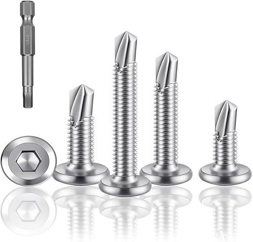 HXJDAM 60 tornillos autorroscantes de acero inoxidable, 5,5 x 45 mm, cabeza plana, tornillos autorroscantes para metal, madera, plástico, con accionamiento hexagonal interior